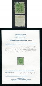 1879/86 - Afinsa nº 15. Tipo Coroa com sobrecarga GUINÉ GRANDE. Selo de 50 reis usado. Denteado 12 1/2. Com CERTIFICADO DE PERITAGEM (CERTIFICATE). Em boas condições.
