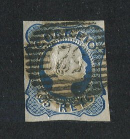 1855/56 - Afinsa nº 7. D. Pedro V, cabelos lisos.Selo de 25 reis usado. Margens pequenas. Em boas condições. EXEMPLAR DE 2ª ESCOLHA.