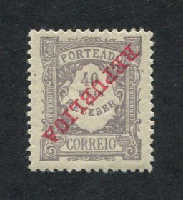 Porteado - 1911 - Afinsa nº 18a. Selo de 40a novo, COM CHARNEIRA (*) e goma original. SOBRECARGA INVERTIDA. Em boas condições.