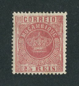 1876 - Afinsa nº 4a. Tipo Coroa. Selo de 25 reis novo, COM CHARNEIRA (*) e goma original. ROSA. Denteado 12 1/2. Em boas condições.