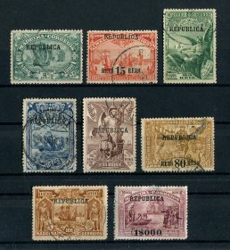 1911 - Afinsa nº 198/205. 4º Centenário da Descoberta do Caminho Maritimo para a India. Com sobrecarga REPUBLICA. Série completa USADA. Em boas condições.