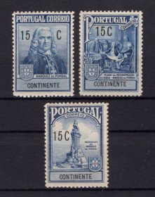 Imposto Postal e Telegráfico - 1925 - Afinsa nº 18/20. Marquês de Pombal. Série completa nova SEM CHARNEIRA (**) e com goma original. (a goma nestes selos é sempre um pouco amarela e irregular mas é normal, foram emitidos assim mesmo). Em boas condições.