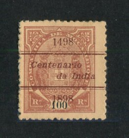 1898 - Afinsa nº 38. SELO COM SOBRECARGA FALSA/FALSIFICAÇÃO. Elefantes com sobrecarga ''CENTENÁRIO DA INDIA'' FALSA, colocada sobre selo em DENTEADO 11 1/2. Selo de 100 reis novo sem goma. Em boas condições.