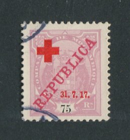 1917 - Afinsa nº 111b. Tipo Elefantes com sobrecargas REPUBLICA e CRUZ VERMELHA. Selo de 75 reis usado. ''1'' de ''31'' MAIOR. Em boas condições.