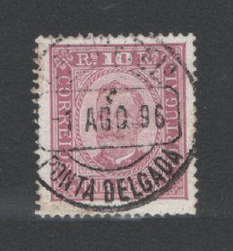 1892 - Afinsa nº 2a. D. Carlos I. Selo de 10 reis USADO. Papel porcelana, denteado 13 1/2. Em boas condições.