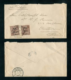 1904 - Carta de Lourenço Marques para a Holanda. Selos de 65r/2 1/2r (2). Carimbo de chegada no verso. Em boas condições.