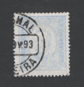 1892 - Afinsa nº 6b. D. Carlos I. Selo de 50 reis USADO. Papel porcelana, denteado 13 1/2. Pequena transparência e cor irregular.
