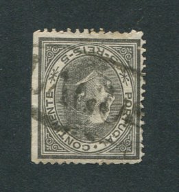 1880/81 - Afinsa nº 52. D. Luis I, de perfil. Selo de 5 reis usado. Papel liso, denteado 12 1/2. Com Carimbo NOMINATIVO de LAGOS. Tem o denteado irregular.