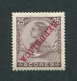 1911 - Afinsa nº 126. D. Manuel II com sobrecarga REPUBLICA. Selo de 25 reis novo, COM CHARNEIRA (*) e goma original. Papel esmalte. SOBRECARGA INVERTIDA. NÃO CATALOGADO. Em boas condições.