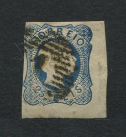 1856/8 - Afinsa nº 12. D. Pedro V. Cabelos anelados.Selo de 25 reis usado. Boas margens mas apresenta um pequeno vinco. EXEMPLAR DE 2ª ESCOLHA.