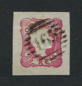 1856/8 - Afinsa nº 13. D. Pedro V. Cabelos anelados.Selo de 25 reis usado. Boas margens mas apresenta um pequeno furo de alfinete/transparência. Carimbo nº 165 - Elvas. EXEMPLAR DE 2ª ESCOLHA.