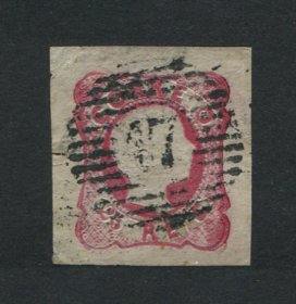 1856/8 - Afinsa nº 13. D. Pedro V. Cabelos anelados.Selo de 25 reis usado. Boas margens mas apresenta uma pequena transparência e um pequeno corte na margem esquerda. Carimbo nº 17 - Caldas. EXEMPLAR DE 2ª ESCOLHA.