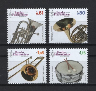 2023 - Afinsa nº 5520/5523. Instrumentos Musicais das Bandas Filarmónicas (1º grupo). Série nova sem charneira. Goma Original. Em boas condições.