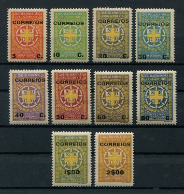 1927 - Imposto Postal Telegráfico. Afinsa nº 14/23. Porte Franco com sobrecarga. Série completa nova, COM CHARNEIRA (*) e goma original. Em boas condições.