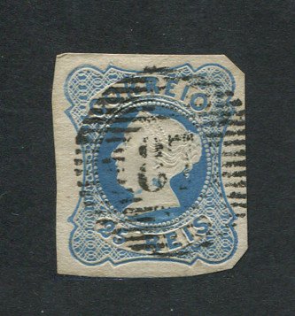 1853 - Afinsa nº 2. D. Maria II. Selo de 25 reis, usado. Margens pequenas e pequena transparência. Com carimbo nº 87 - Figueira da Foz. EXEMPLAR DE 2ª ESCOLHA.