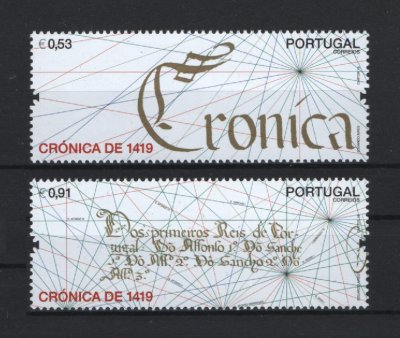 2019 - Afinsa nº 5188/5189. 600 Anos da Crónica de Portugal de 1419. Série nova sem charneira. Goma Original. Em boas condições.