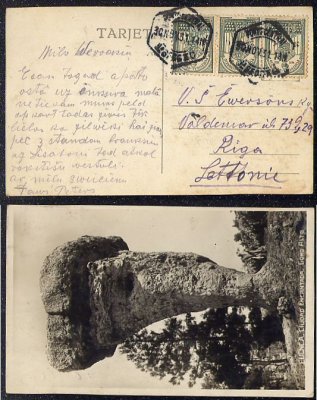 1931 - Postal circulado do Porto para Riga, Letónia. Com tira de 3 selos D. Nuno Álvares Pereira 25c, Afinsa n.º 538.