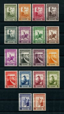 1938 - Afinsa nº 223/240. Império Colonial Português. Série completa nova, COM CHARNEIRA (*) e goma original. Em boas condições.