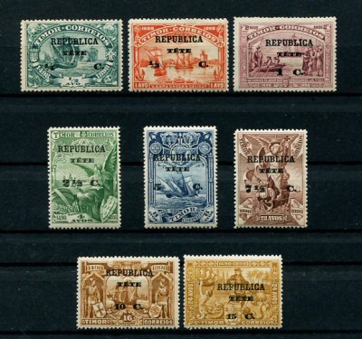 1913 - Afinsa nº17/24. 4º Centenário ... para a índia. Sobre selos de Timor. Série completa nova, COM CHARNEIRA (*) e goma original. Em boas condições.