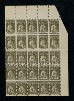 1914 - Afinsa nº 254i. Ceres. Selos de 1r EM BLOCO DE 25. Novos SEM CHARNEIRA (**) e com goma original. Papel pontinhado 15x14. Estrelas: II-II (posição normal). Em boas condições.