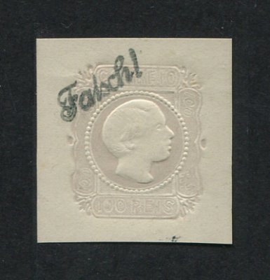 1855/6 - Afinsa nº 9. D. Pedro V, cabelos lisos. SELO FALSO de 100 reis. Com sobrecarga ''FALSCH'' (falso). Sem goma. Em boas condições.
