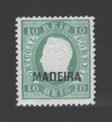 1879 - Afinsa nº 27. D. Luis I. Fita direita. Selo de 10 reis NOVO, SEM GOMA. Denteado 12 1/2. VERDE AZUL. Em boas condições. Com CERTIFICADO DE PERITAGEM (CERTIFICATE).