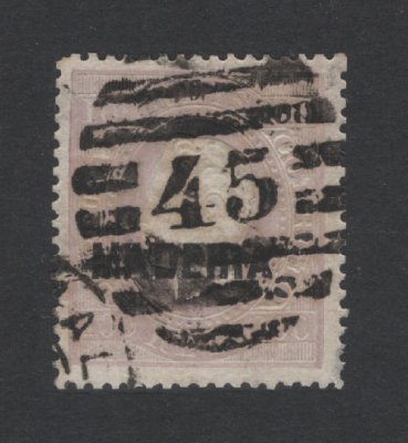 1871 - Afinsa nº 20c. D. Luis I. Fita direita. Selo de 100 reis USADO. Denteado 14. Pequena transparência.
