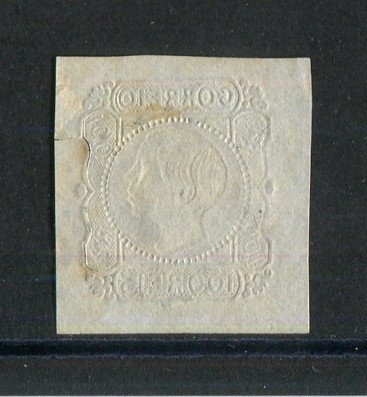 1855/56 - Afinsa nº 9. D. Pedro V, cabelos lisos.Selo de 100 reis usado. Boas margens. Cunho ligeiramente aberto e pequeno rasgo na margem direita. EXEMPLAR DE 2ª ESCOLHA.
