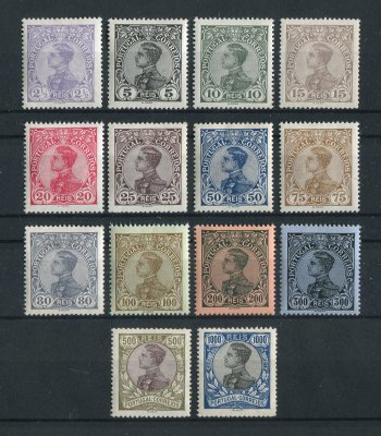 1910 - Afinsa nº 156/169. D. Manuel II. Série completa nova SEM CHARNEIRA (**) e com goma original. Em boas condições.