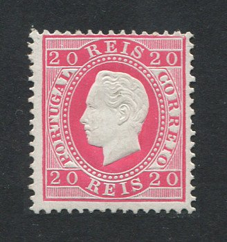 1884 - Afinsa nº 66. D. Luis I, fita direita nova cor e valor. Selo de 20 reis NOVO COM CHARNEIRA (*) e goma original. Denteado 12 1/2. Em boas condições.