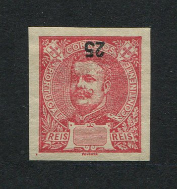 1898 - Afinsa nº 141. D. Carlos I. PROVA NÃO DENTEADA de 25r. TAXA INVERTIDA E DESLOCADA. Com charneira (*) e goma original. Em boas condições.
