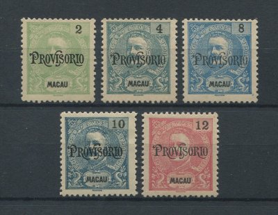 1902 - Afinsa nº 124/128. D. Carlos I, com sobrecarga PROVISORIO. Série completa nova sem goma como emitidos. Em boas condições.