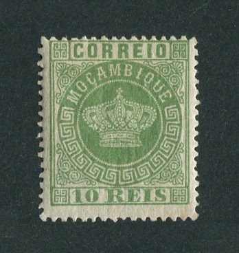 1881 - Afinsa nº 10. Tipo Coroa, novas cores. Selo de 10 reis novo, COM CHARNEIRA (*) e goma original. Denteado 13 1/2. Em boas condições.