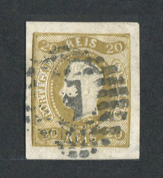 1866/7 - Afinsa nº 21. D. Luís I, fita curva.Selo de 20 reis usado. Boas margens mas apresenta uma pequena transparência e vinco. EXEMPLAR DE 2ª ESCOLHA.
