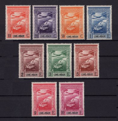 1939 - Correio Aéreo. Afinsa nº 10/18. Império Colonial. Legenda S. Tomé e Principe. Série completa nova SEM CHARNEIRA (**) e com goma original. Em boas condições.