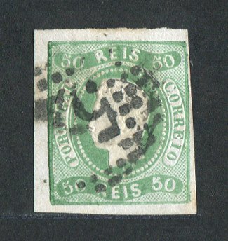 1866/7 - Afinsa nº 23. D. Luís I, fita curva. Selo de 50 reis usado. Boas margens. Em boas condições. EXEMPLAR NORMAL.