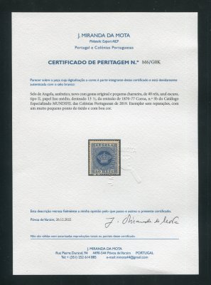 1870 - Afinsa nº 5b. Coroa. Selo de 40 reis novo, COM CHARNEIRA (*) e goma original. Denteado 13 1/2. Com CERTIFICADO DE PERITAGEM (CERTIFICATE). Em boas condições.