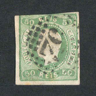 1866/7 - Afinsa nº 23. D. Luís I, fita curva.Selo de 50 reis usado. Margens pequenas, mas em boas condições. EXEMPLAR DE 2ª ESCOLHA.