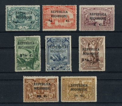 1913 - Afinsa nº 137/144. 4º Cent. Descobrimento Mar. para a índia. Sobre Macau. Série completa nova COM CHARNEIRA (*) e goma original. Em boas condições.