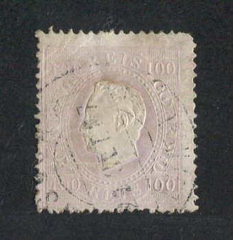 1870/6 - Afinsa nº 43K. D. Luís I, fita direita.Selo de 100 reis usado. Papel porcelana, denteado 13 1/2. Denteado irregular.