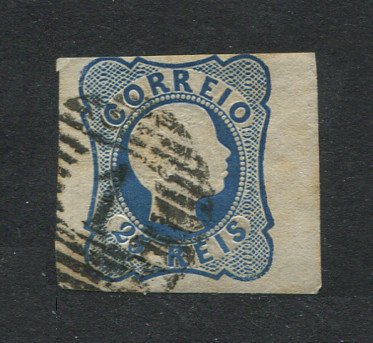 1856/8 - Afinsa nº 11. D. Pedro V. Cabelos anelados.Selo de 25 reis usado. Margens pequenas, mas em boas condições. EXEMPLAR de 2ª ESCOLHA.