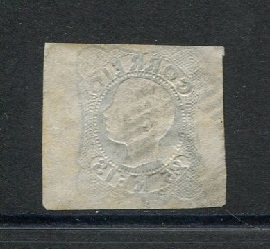 1856/8 - Afinsa nº 11. D. Pedro V. Cabelos anelados.Selo de 25 reis usado. Margens pequenas, mas em boas condições. EXEMPLAR de 2ª ESCOLHA.