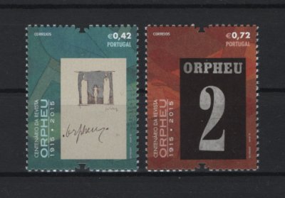 2015 - Afinsa nº 4532/4533. Centenário da Revista ORPHEU (1915-2015). Série completa nova sem charneira. Goma original. Em boas condições.