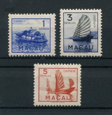 1951 - Afinsa nº 363/365. Embarcações de Macau. Série completa nova, SEM GOMA. Em boas condições.
