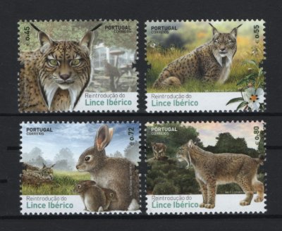 2015 - Afinsa nº 4564/4567. Reintrodução do Lince Ibérico em Portugal. Série completa nova sem charneira. Goma original. Em boas condições.
