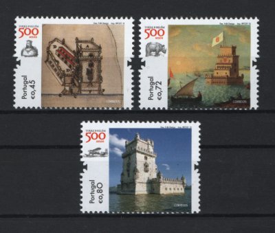 2015 - Afinsa nº 4588/4590. Torre de Belém - 500 Anos. Série completa nova sem charneira. Goma original. Em boas condições.