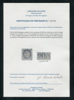 1873 - Afinsa nº 20. Nativos. Tipo IA. Selo de 900 reis novo sem goma. Com CERTIFICADO DE PERITAGEM (CERTIFICATE). Em boas condições.