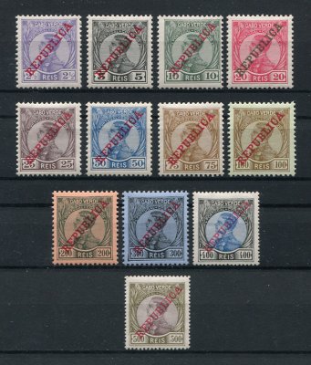 1912 - Afinsa nº 101/112. D. Manuel II com sobrecarga REPUBLICA. Série completa nova COM CHARNEIRA (*) e goma original. Em boas condições.