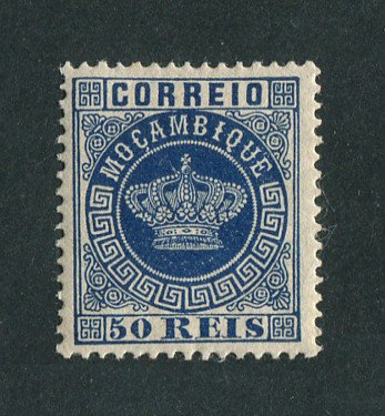 1881 - Afinsa nº 14b. Tipo Coroa, novas cores. Selo de 50 reis novo, SEM GOMA. AZUL ESCURO. Denteado 12 1/2. Em boas condições.