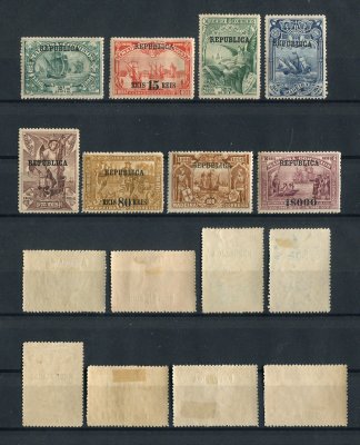 1911 - Afinsa nº 198/205. 4º Centenário da Descoberta do Caminho Maritimo para a India. Com sobrecarga REPUBLICA. Série completa nova, COM CHARNEIRA (*) e goma original. Em boas condições.